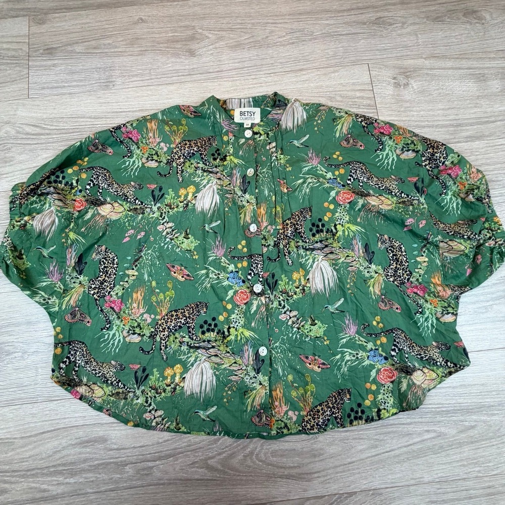 Betsy Olmsted Studio Shirt Felidae Tree Green Leopard Jungle Print Oversized Top